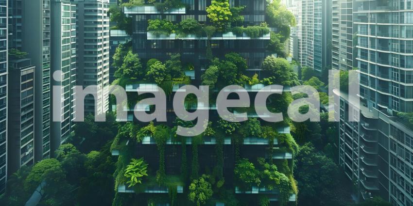 Innovative Green Architecture with Dense Plant Life on Skyscraper background - Ai Generated