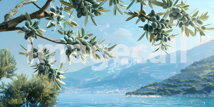 Olives in the branches on sea background - Ai Generated