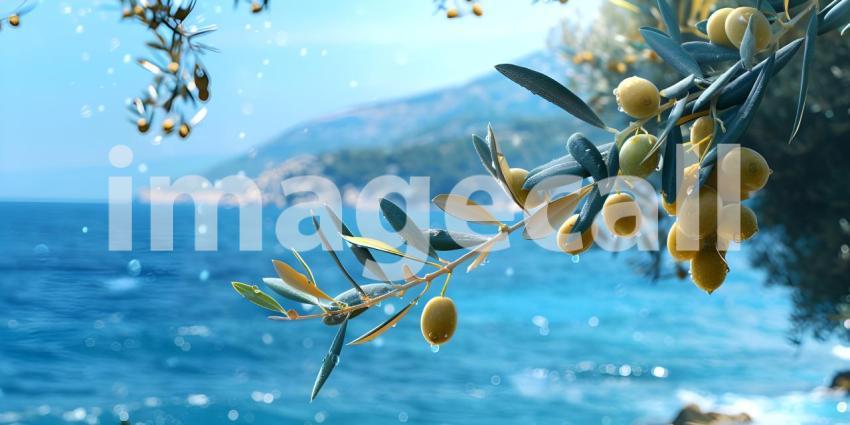 Olives in the branches on sea background - Ai Generated