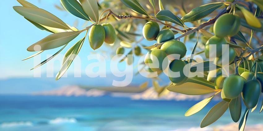 Olives in the branches on sea background - Ai Generated