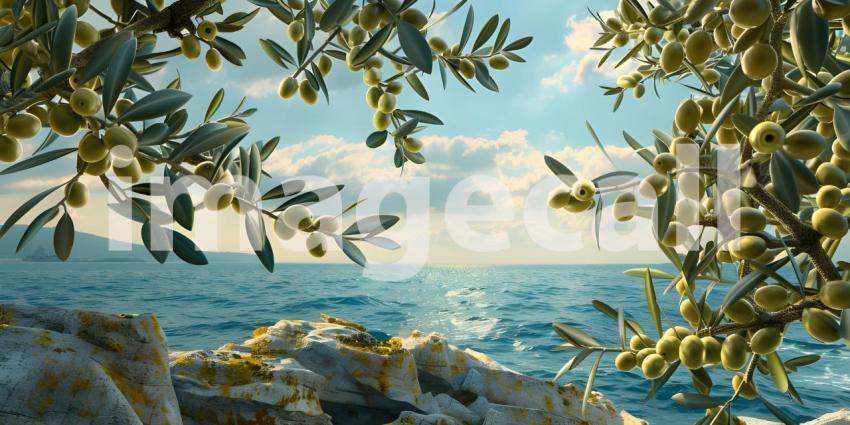 Olives in the branches on sea background - Ai Generated