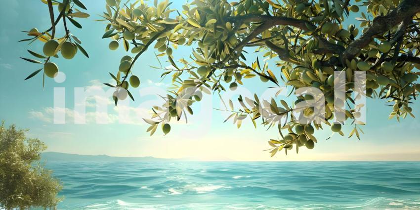Olives in the branches on sea background - Ai Generated