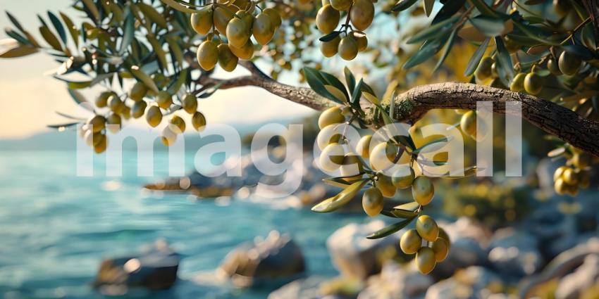 Olives in the branches on sea background - Ai Generated
