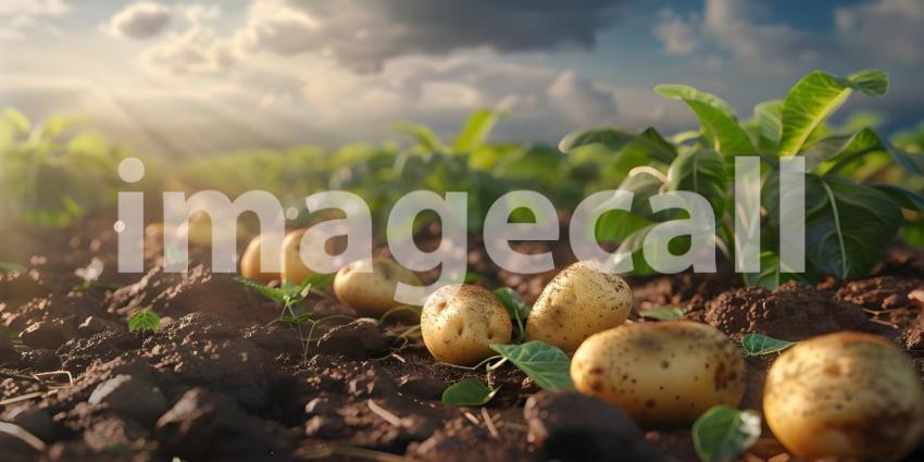 Organic potatoes in the field background - Ai Generated