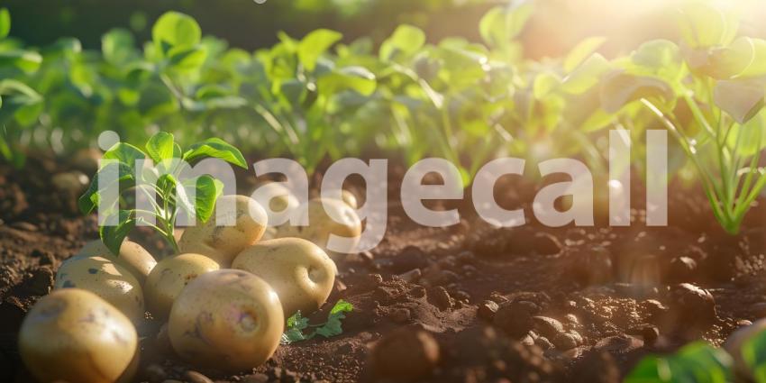Organic potatoes in the field background - Ai Generated