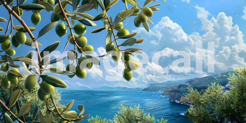 Olives in the branches on sea background - Ai Generated