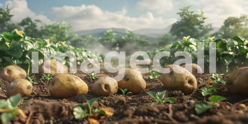 Organic potatoes in the field background - Ai Generated