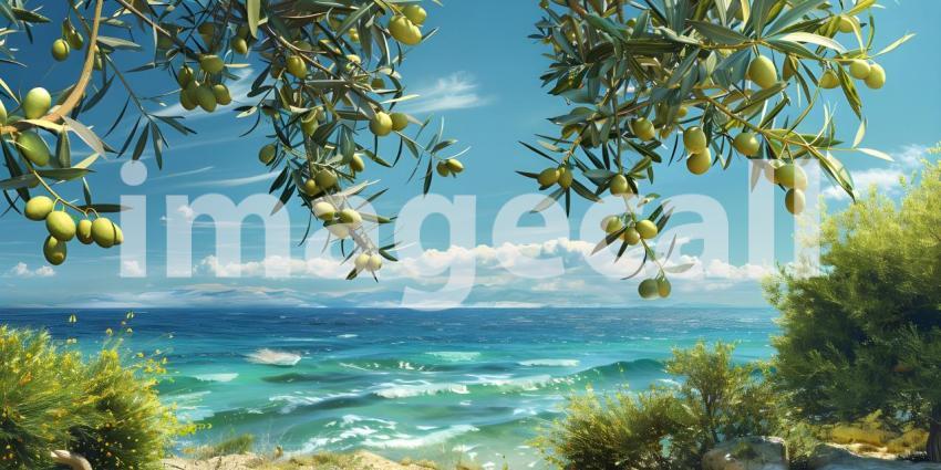 Olives in the branches on sea background - Ai Generated