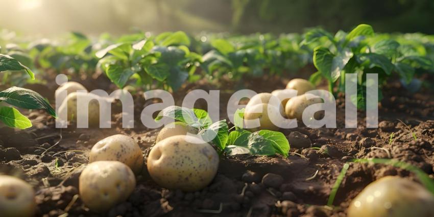 Organic potatoes in the field background - Ai Generated