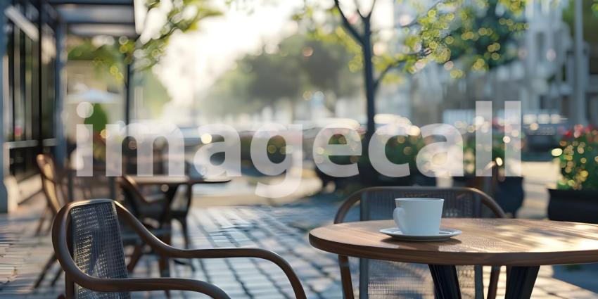 Outdoor empty coffee and restaurant with tables and chairs background - Ai Generated