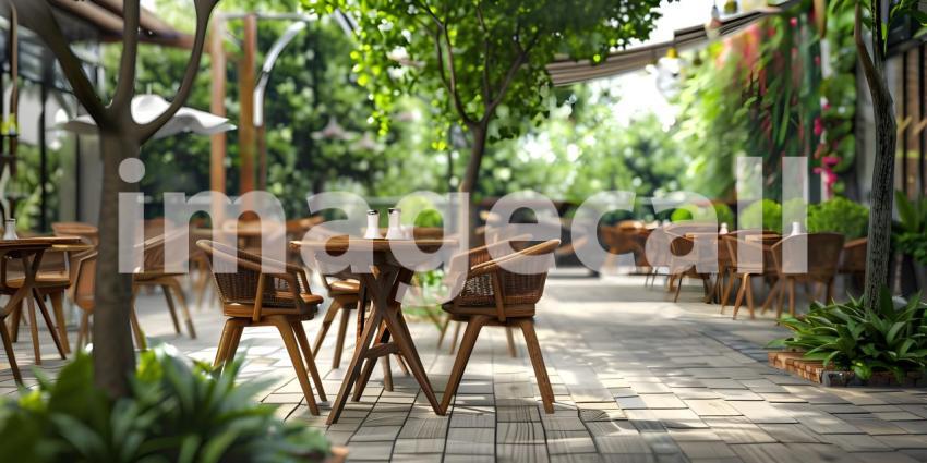 Outdoor empty coffee and restaurant with tables and chairs background - Ai Generated