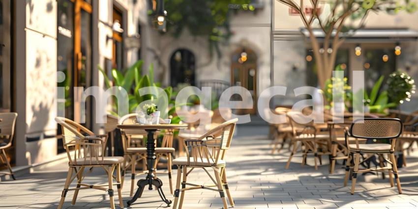 Outdoor empty coffee and restaurant with tables and chairs background - Ai Generated