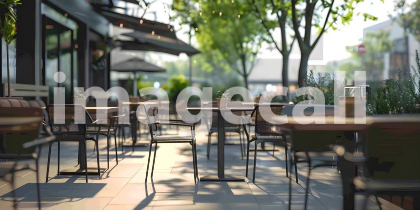 Outdoor empty coffee and restaurant with tables and chairs background - Ai Generated