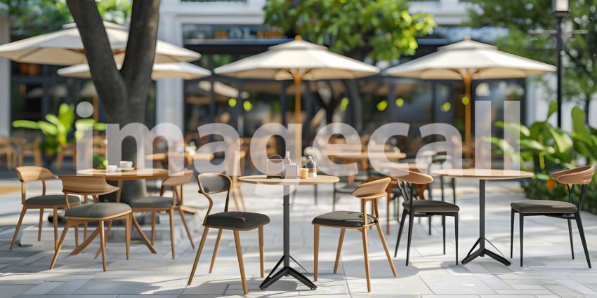 Outdoor empty coffee and restaurant with tables and chairs background - Ai Generated