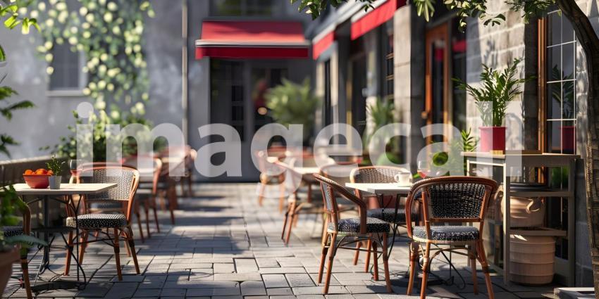 Outdoor empty coffee and restaurant with tables and chairs background - Ai Generated