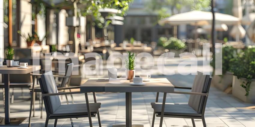 Outdoor empty coffee and restaurant with tables and chairs background - Ai Generated