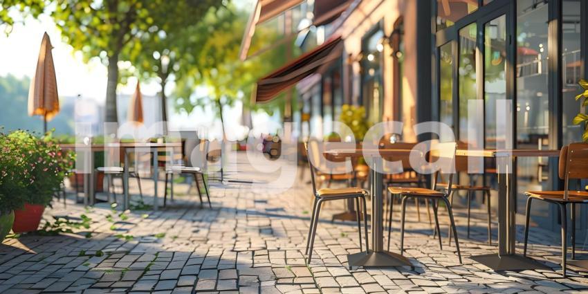 Outdoor empty coffee and restaurant with tables and chairs background - Ai Generated