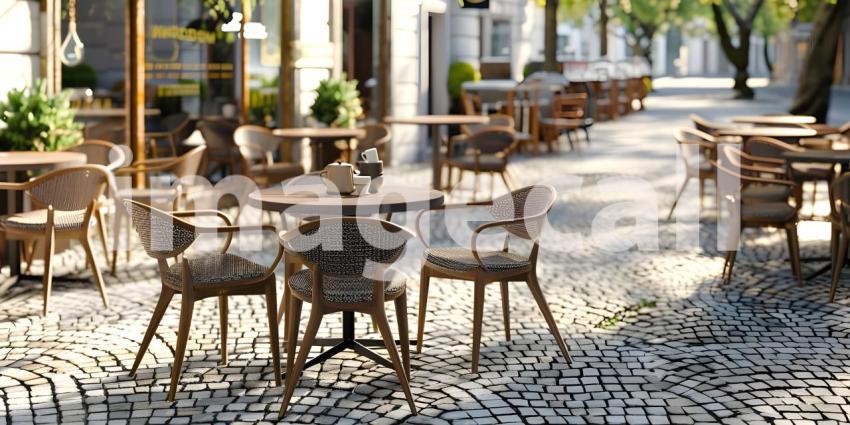 Outdoor empty coffee and restaurant with tables and chairs background - Ai Generated
