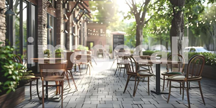 Outdoor empty coffee and restaurant with tables and chairs background - Ai Generated