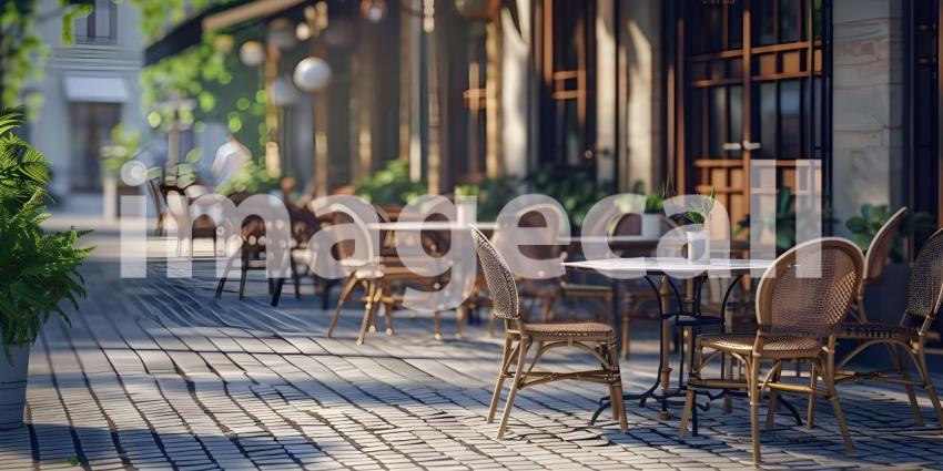 Outdoor empty coffee and restaurant with tables and chairs background - Ai Generated