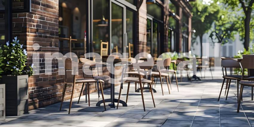 Outdoor empty coffee and restaurant with tables and chairs background - Ai Generated