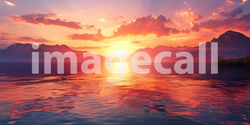 Panoramic Sunset over the lake background - Ai Generated