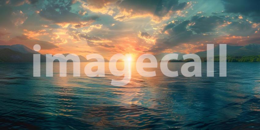 Panoramic Sunset over the lake background - Ai Generated