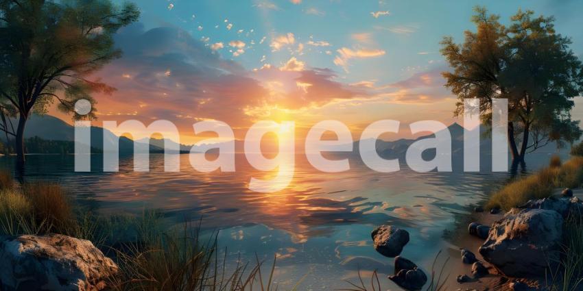 Panoramic Sunset over the lake background - Ai Generated