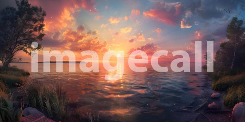 Panoramic Sunset over the lake background - Ai Generated