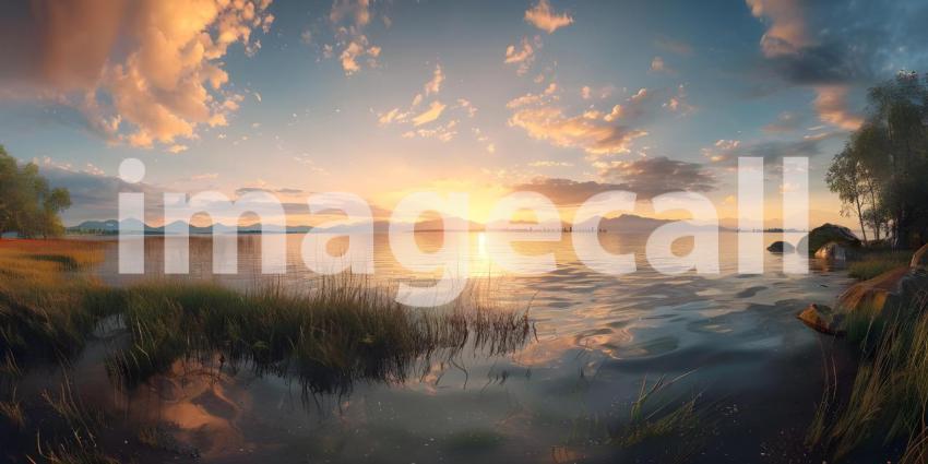 Panoramic Sunset over the lake background - Ai Generated