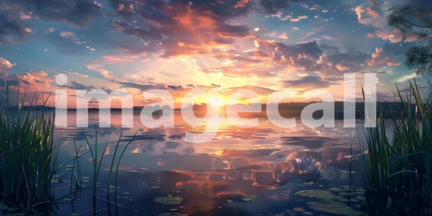 Panoramic Sunset over the lake background - Ai Generated