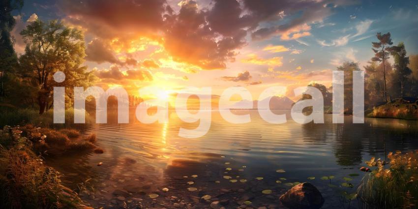 Panoramic Sunset over the lake background - Ai Generated