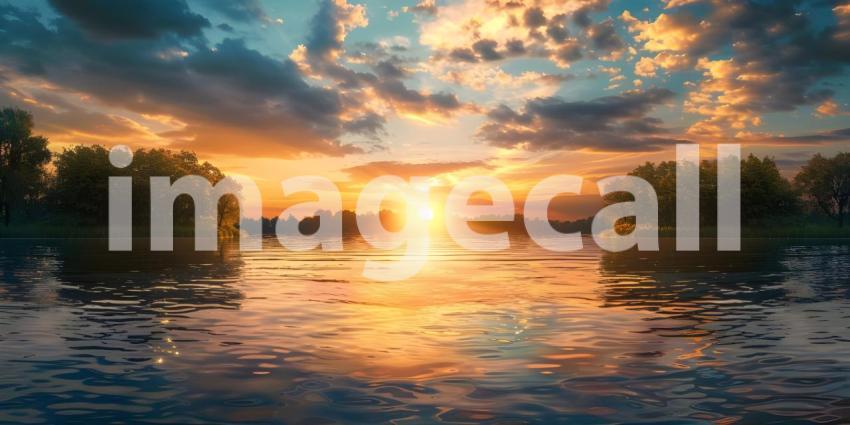 Panoramic Sunset over the lake background - Ai Generated