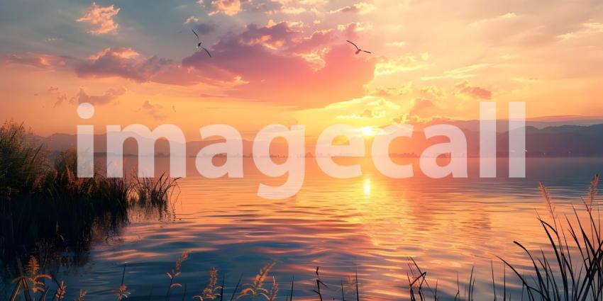 Panoramic Sunset over the lake background - Ai Generated