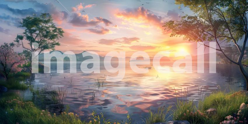 Panoramic Sunset over the lake background - Ai Generated