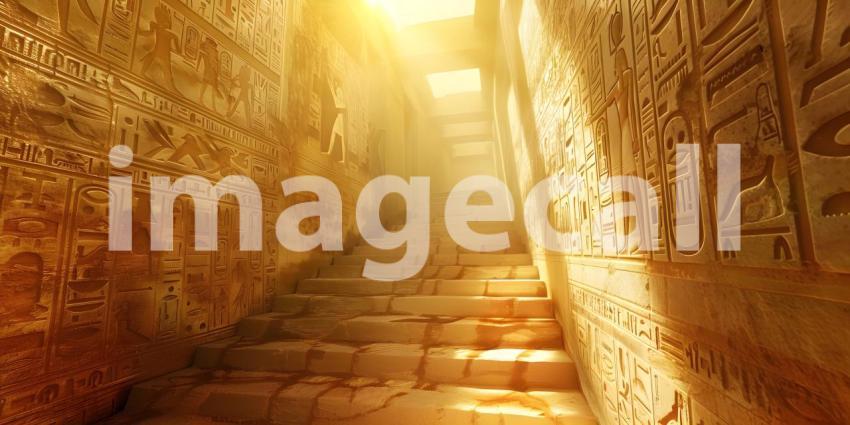 Passage with stairs and walls with Egyptian hieroglyphics by warm bright sun rays background - Ai Generated