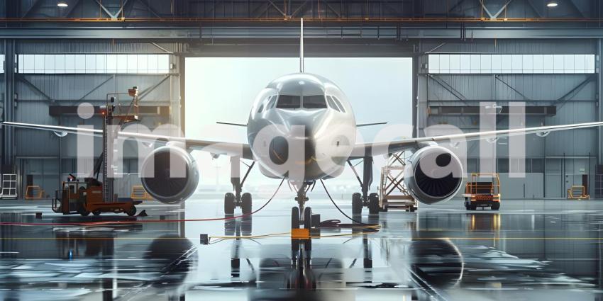Passenger aircraft on maintenance in airport hangar background - Ai Generated