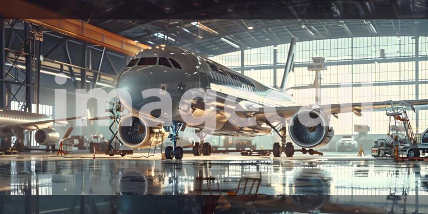 Passenger aircraft on maintenance in airport hangar background - Ai Generated