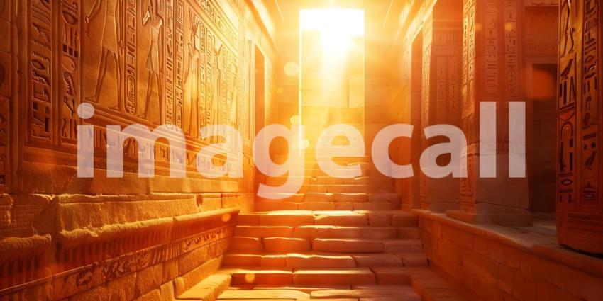 Passage with stairs and walls with Egyptian hieroglyphics by warm bright sun rays background - Ai Generated