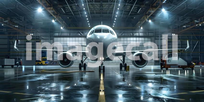 Passenger aircraft on maintenance in airport hangar background - Ai Generated