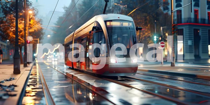 Modern tram runs on tramway track background - Ai Generated