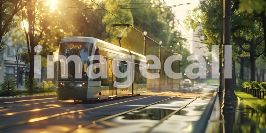 Modern tram runs on tramway track background - Ai Generated