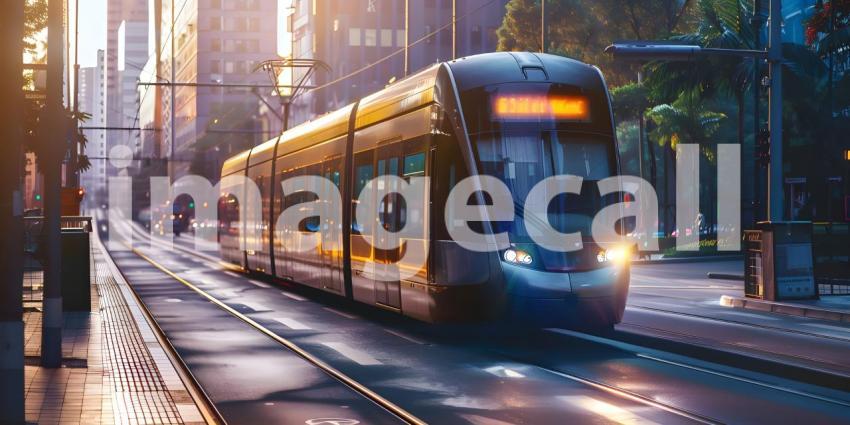Modern tram runs on tramway track background - Ai Generated