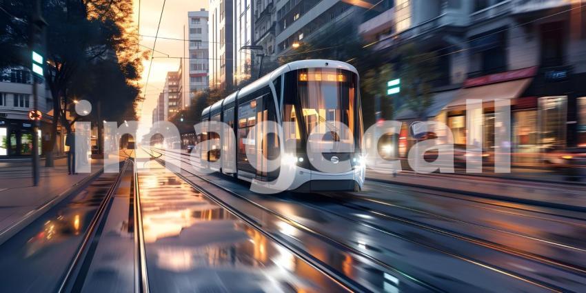 Modern tram runs on tramway track background - Ai Generated