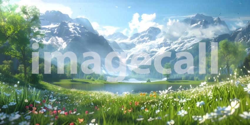Mountain scenery with blooming meadows in springtime background - Ai Generated