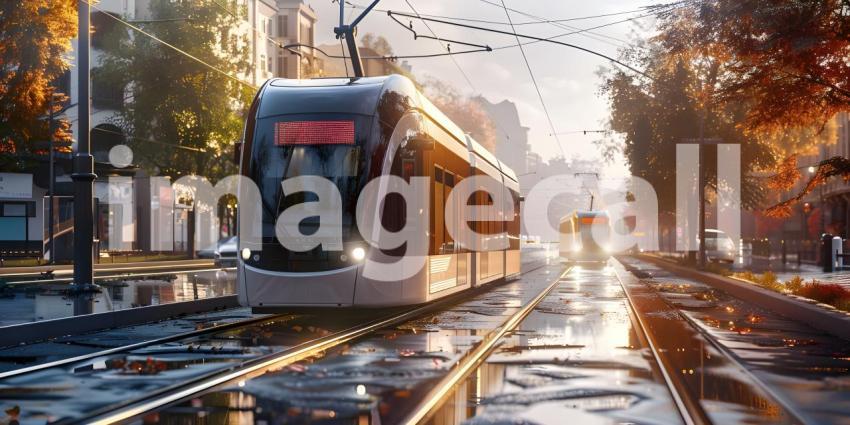 Modern tram runs on tramway track background - Ai Generated