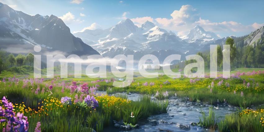 Mountain scenery with blooming meadows in springtime background - Ai Generated