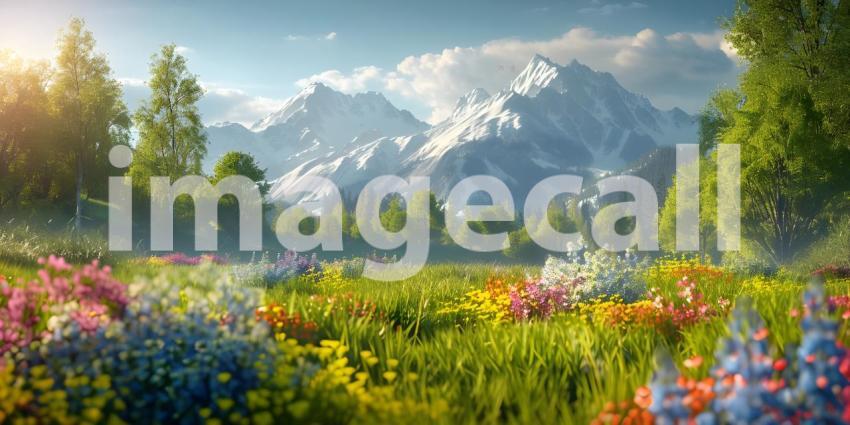 Mountain scenery with blooming meadows in springtime background - Ai Generated