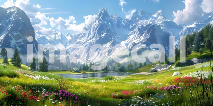 Mountain scenery with blooming meadows in springtime background - Ai Generated