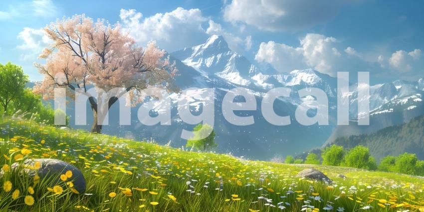 Mountain scenery with blooming meadows in springtime background - Ai Generated